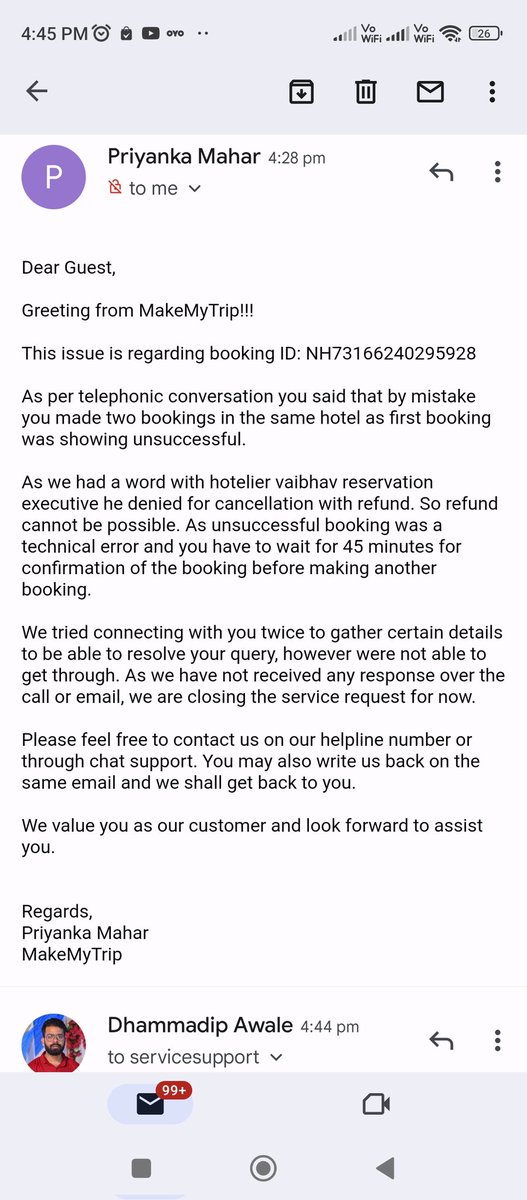 DhammadipAwale's tweet photo. @makemytripcare Every new person assigned ticket to, repeating same thing again and again. 
If you accept your technical error then why are you expecting User to bear the loss. 
#Fraud https://t.co/mJZxFHp7E4