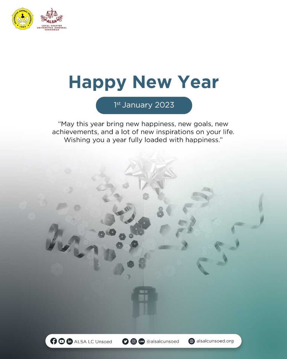 Hello ALSAians!

ALSA LC Unsoed would like to wish you a Happy New Year 2023. May this year bring new happiness, new goals, new achievements, and a lot of new inspirations on your life. Wishing you a year fully loaded with happiness. 

ALSA, Always Be One!