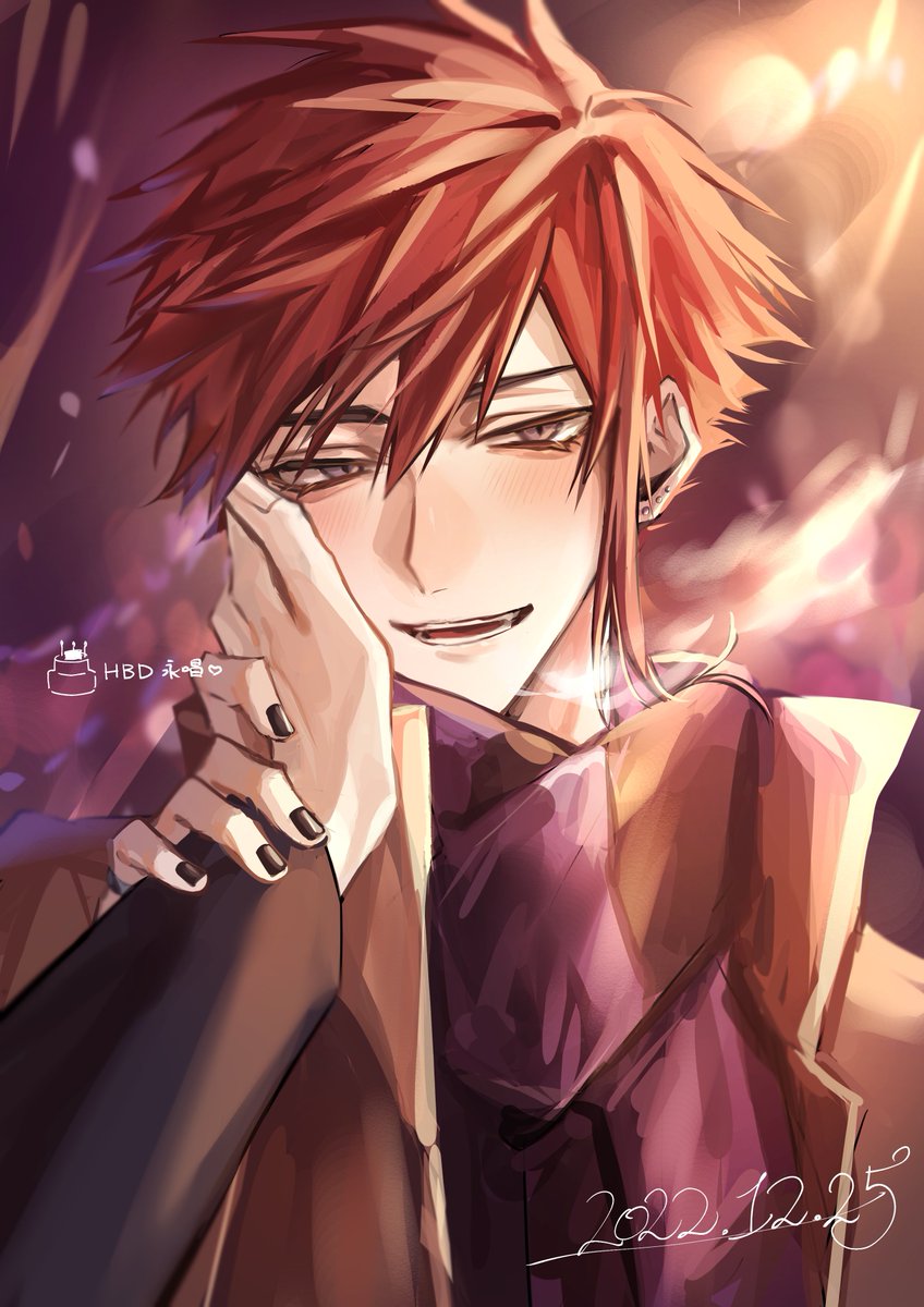 male focus red hair black nails blush 1boy hand on another's face looking at viewer  illustration images