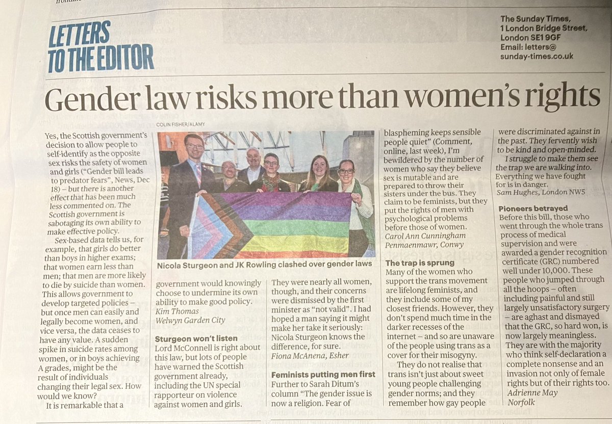 AmandaPCraig's tweet photo. Sensible ⁦@thetimes⁩ readers’ letters in response to ⁦@sarahditum⁩ piece on Scottish Gender Self-ID, esp the 4th. https://t.co/nPL6wC8jR8