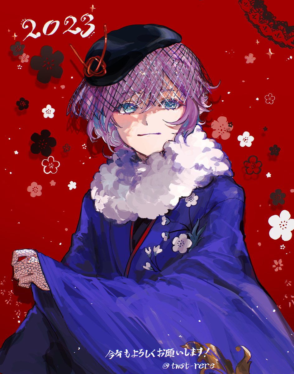 1boy hat solo male focus japanese clothes blue eyes purple hair  illustration images