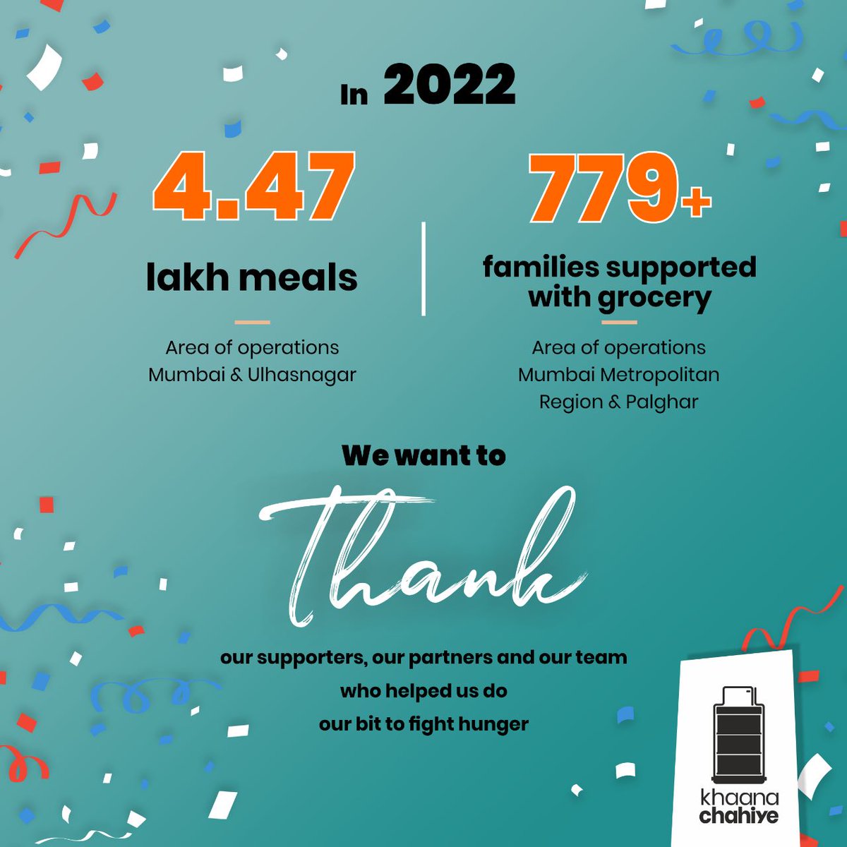 khaanachahiye's tweet image. On this new year lets resolve to work together to eliminate avoidable suffering

Our goal is to ensure we make Mumbai into a city where no one sleeps hungry. Here’s to another year of strong determination to make Mumbai #HungerFree
We wish every one a happy &amp;amp; healthy new year 💛