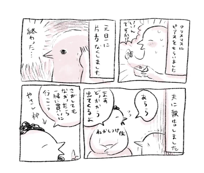 クリスマスにいただいたピアスを元旦に紛失する鳥 