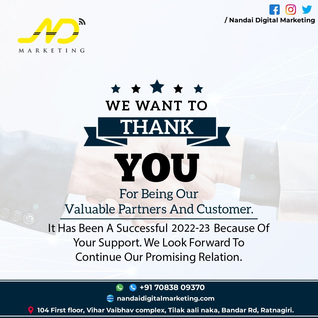 DigitalNandai's tweet image. “WE WANT TO THANK For Being Our YOU Valuable Partners And Customer.” 🤝🙏

#thankyou #valuablepartner #valuablecustomer #thankyouforyoursupport #promise #relation #preciouscustomer #nandaidigitalmarketing #ndmarketing #marketingagency #NDmarketing #digitalmarketing #advertising
