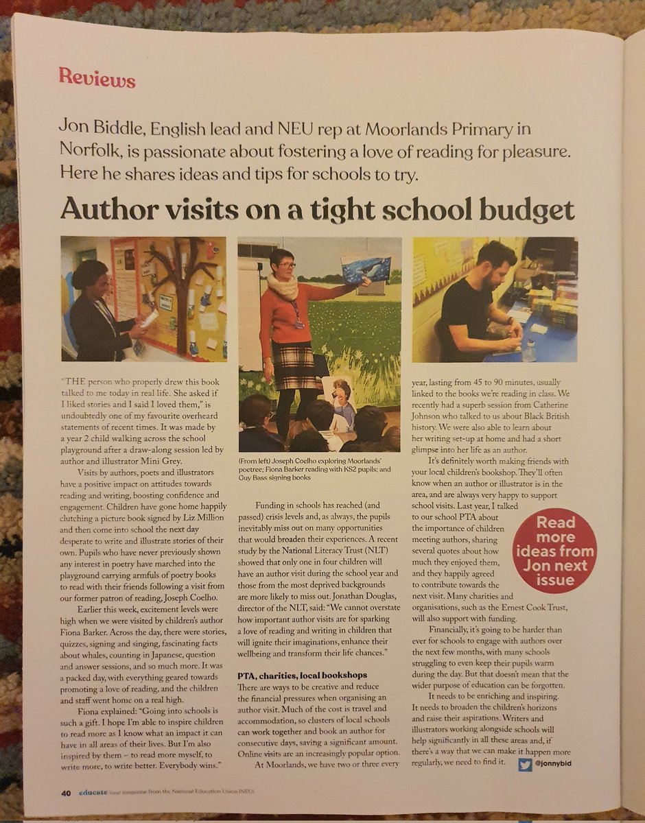 jonnybid's tweet photo. Visits to schools from authors, poets and illustrators can have a massive impact on children's attitudes towards reading. In my latest article for @NEUnion Educate magazine, I write about why. There are also some suggestions about how to make them more affordable for schools. https://t.co/VjJBo9fdpx