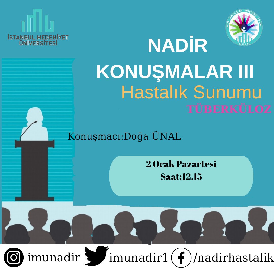 imunadir1's tweet photo. İMUNADİR olarak artık gelenekselleşmiş olan nadir konuşmalarımızın  bu yıl üçüncüsünü 2 Ocak Pazartesi günü, Doğa Ünal ve Leyla Polat arkadaşlarımızın  Serebral Palsi ,Tüberküloz  sunumlarıyla devam ettiriyoruz✨
🏢: Kuzey Kampüs D Blok D135
🕒:12:15 https://t.co/iH58rfUSgW