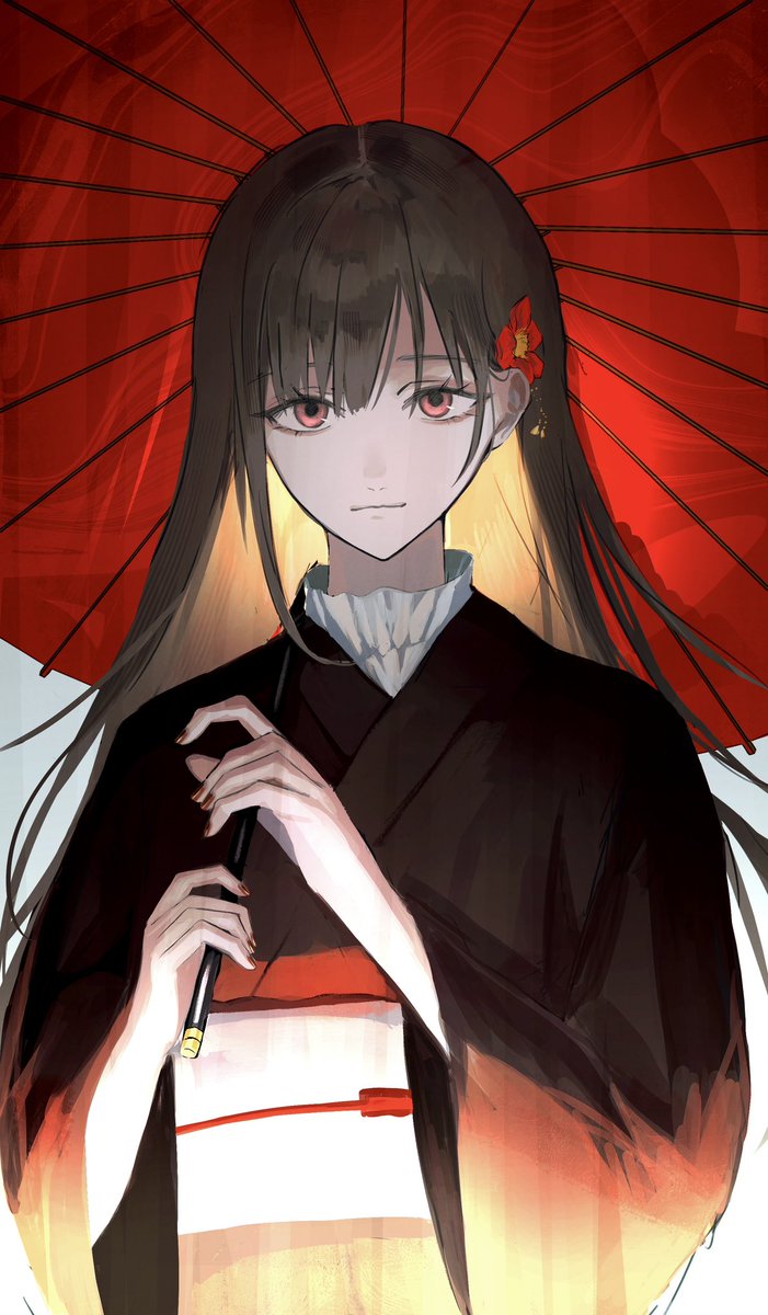 1girl solo japanese clothes kimono umbrella holding long hair  illustration images