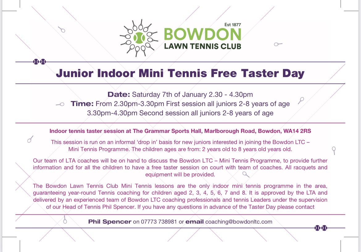 Why not try Tennis in 2023!
Children Aged 2-8? Join us for The Free Junior Tennis Grammar Open Day Saturday 7th of January 2.30-4.30pm for a free place simply click on the link: clubspark.lta.org.uk/BowdonLTC/Book… #Bowdon #Hale #Altrincham #community #activechildren #indoorTennis 👍🎾
