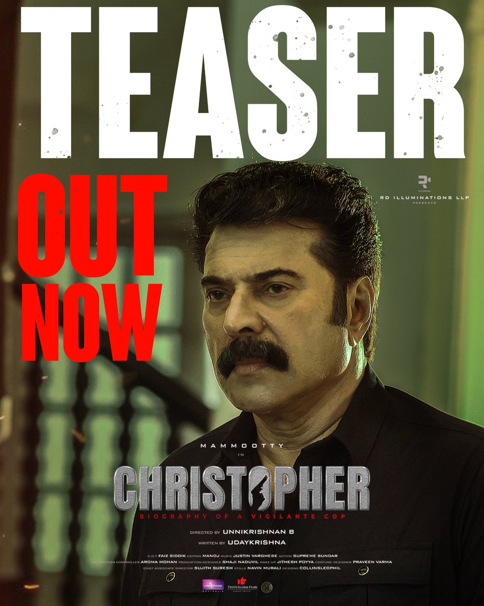 Official Teaser of @FilmChristopher is Out Now. 🔥
Watch it here : youtu.be/R3v_s95LPaw

#Mammootty #Bunnikrishnan #ChristopherMovie #RDIlluminations #TruthGlobalFilms