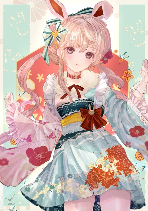 謹賀新年うさぎ×和着物ロリィタ少女 新年明けましておめでとうございます#年賀状イラスト  #描き初め 