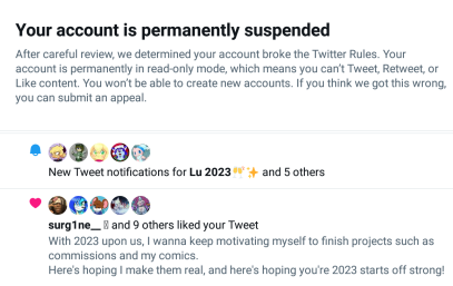 --TWITTER JUST SUSPENDED MY FRIEND-- 

 (📌Thread📌)

In the course of the last 8 hours, Twitter suddenly suspended the account of my friend <a href="/Floofy_chu/">FloofyChu -MOVED TO BLUESKY-</a> giving no direct reasons nor even a WARNING for any posts that could be considered ''problematic'' Several years of work, gone.