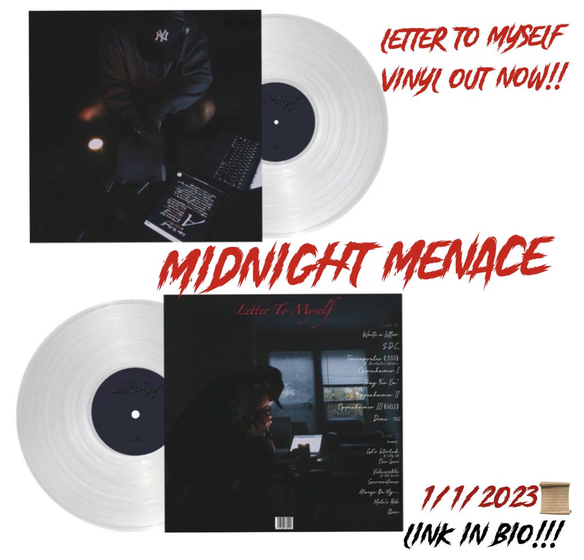 MMenace301's tweet photo. Happy New Year Family!!🎉

To Celebrate, I have a limited Release of my Letter To Myself on Vinyl!📜

Hit the Link Below or in my bio to Purchase one for yourself and Enjoy!!

Big S/O to AmericanVinylCo., UV Sound, and My dog Sim for helping me out with the design and Setup! https://t.co/a1ruVJ3cK6
