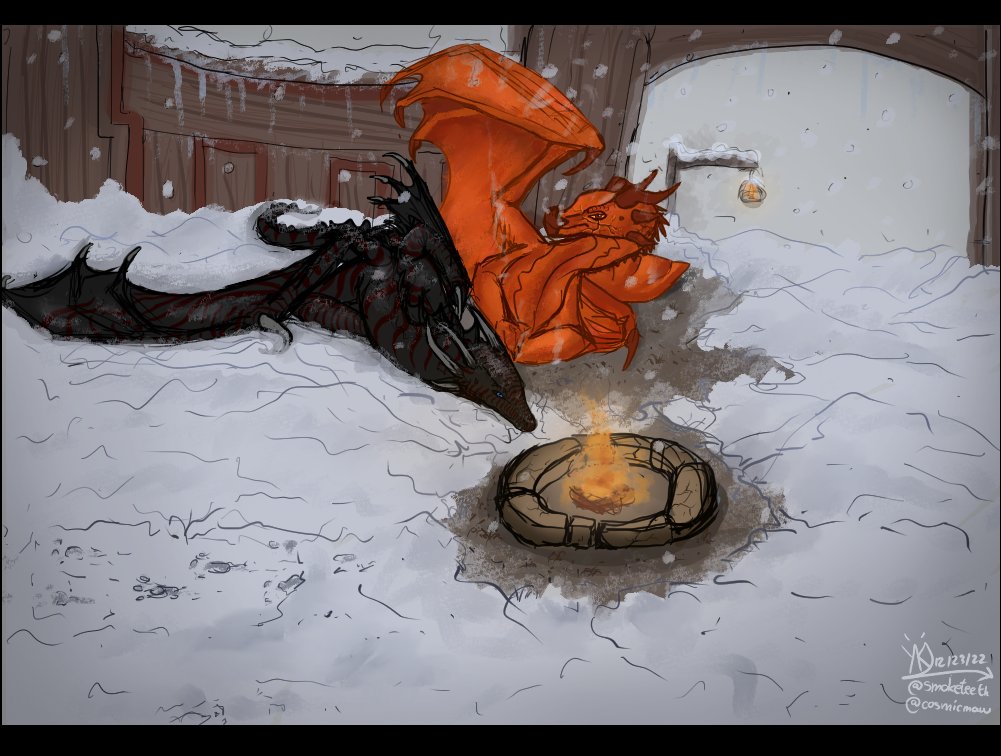cosmicmaw's tweet photo. Sketchy perspective practice I did of my Kralishtrax (left, they/them) and friend's Sigran (right, she/her) chillin by the fire in New Trismus before the christmas event that happened! Them <3

Not much to say on this one but!! I'm proud of it and it turned out
#dragons #istaria https://t.co/ItQK9Tuq2Y