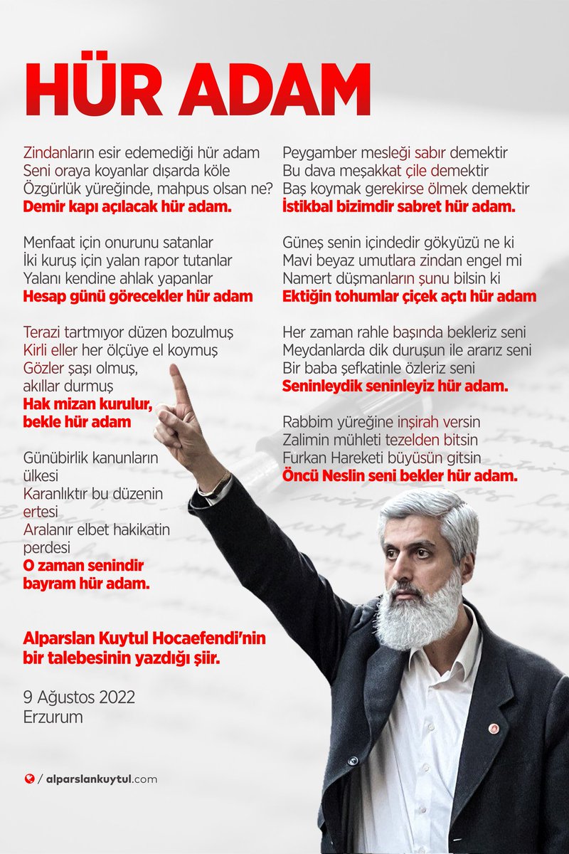 alparslankuytul's tweet photo. Terazi tartmıyor düzen bozulmuş
Kirli eller her ölçüye el koymuş
Gözler şaşı olmuş, akıllar durmuş
Hak mizan kurulur, bekle hür adam!

AlparslanHoca TahliyeEdilsin
#13OcaktaTahliyeBekliyoruz https://t.co/ErhZunQquQ
