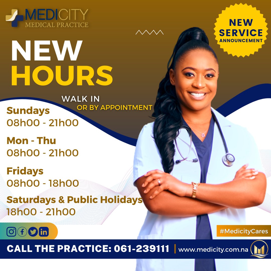 EXTENDED HOURS
We are delighted to announce new and extended hours to serve you better in 2023 and beyond. The new hours will become effective from the 3rd of January 2023.
#NewHours #MedicityCares🩺