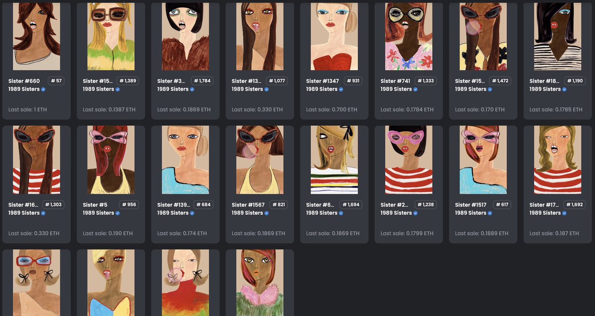 gm and Happy New Year! Starting off 2023 with a sweep of <a href="/1989Sisters/">1,989 Sisters</a>! Confident in <a href="/BlondeLasagna/">Blair Breitenstein</a> and team! The art is so recognizable and unique! Excited to see what the future holds! LFG!!!

Very few listed and the floor is thin. Let’s revisit this tweet in 3 months!