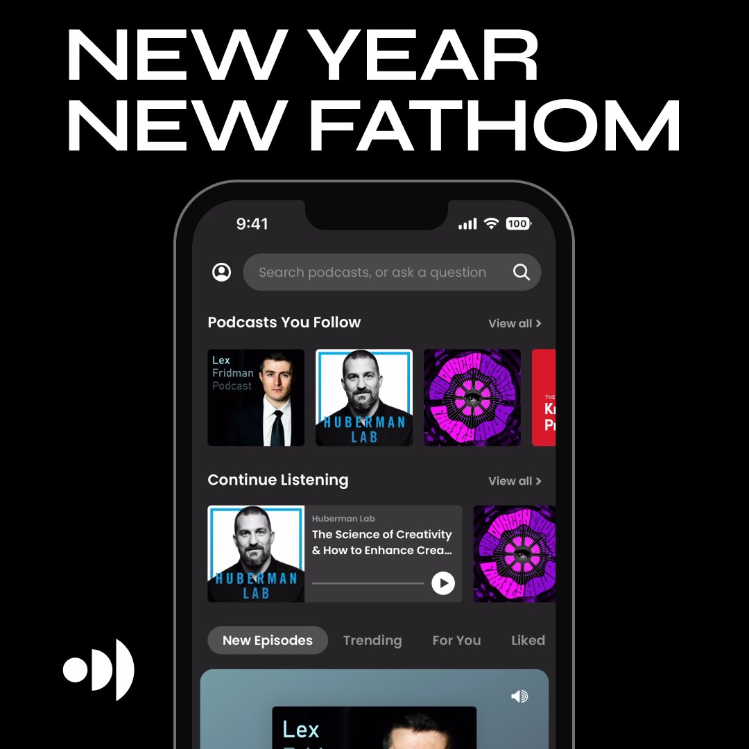 fathom_infinity's tweet photo. Happy New Year! Start 2023 off right with Fathom 2.0, now live in the iOS app store. New AI-powered features include chapters, clipping, transcripts, captions, similar episodes, downloads and much more!  Get it here -  https://t.co/Cb9NKpnzgr https://t.co/pILW0lQgeN