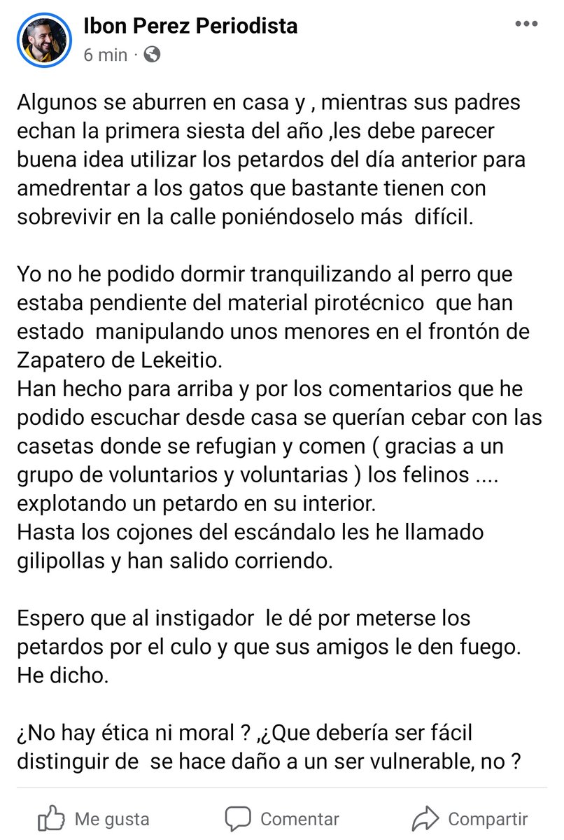 IbonPerezTV's tweet photo. Y esto de ahora mismo. Nunca he sido yo de inmiscuirme en el comportamiento ajeno más allá de los muros de mi casa. Podría hacer oídos sordos ( imposible hoy) pero cuando se trata de seres indefensos ... Se me calientan los cojones. https://t.co/2BSuxesjVd