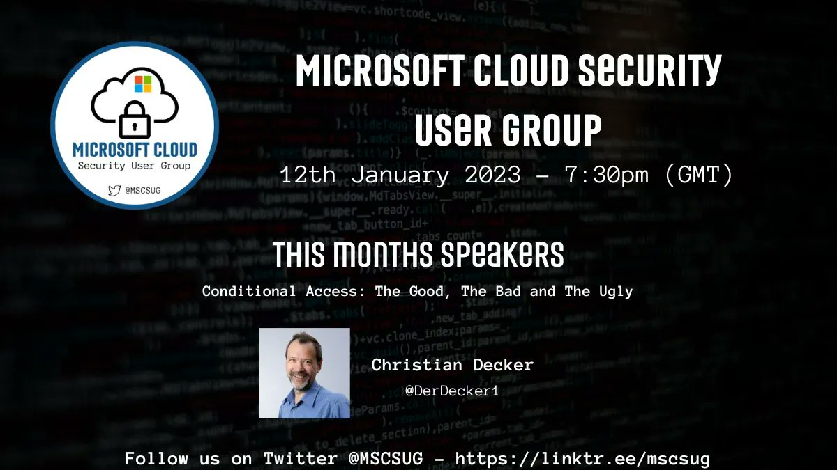 MSCSUG's tweet image. Happy New Year!   We are pleased to announce our first @MSCSUG User Group of 2023.

Join @Getofmeland and @ChrisWAzure with their guest speaker @DerDecker1 on January 12th at 7:30 pm (GMT)

Sign up via buff.ly/3WBEjax

 #MSCSUG #CloudSecurity #MicrosoftSecurity