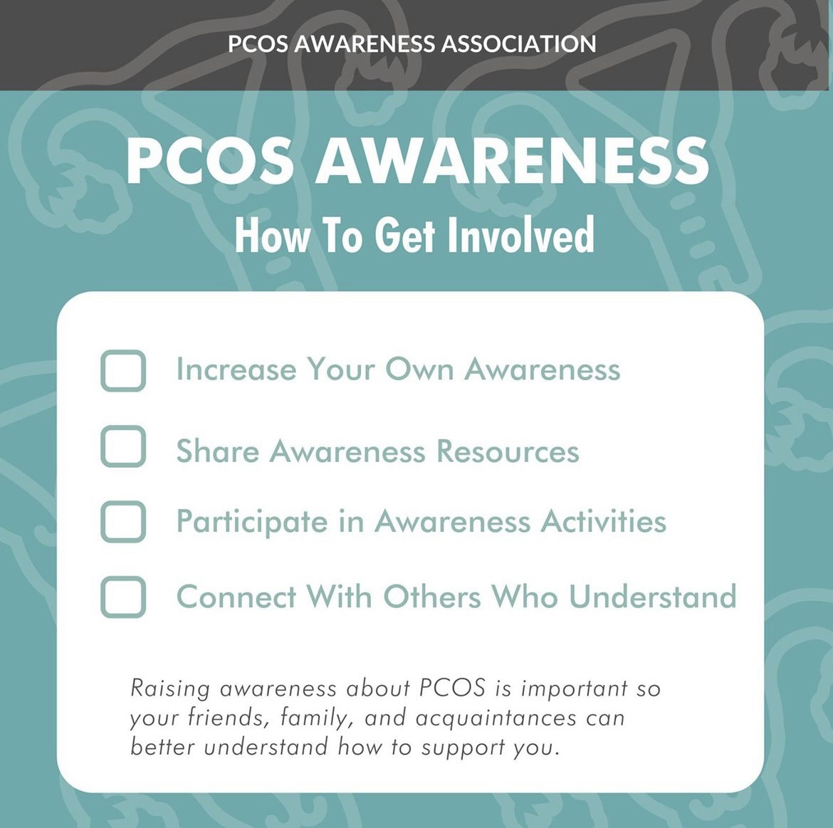 PCOSAA's tweet photo. We are staring the new year with PCOS Awareness. Here’s how you can get involved. At PCOSAA, we strive on bringing more awareness to increase support.
Get involved today!
#pcosawareness #pcoscommunity #pcosaa #pcos #pcostips https://t.co/IHdWj4FbLq