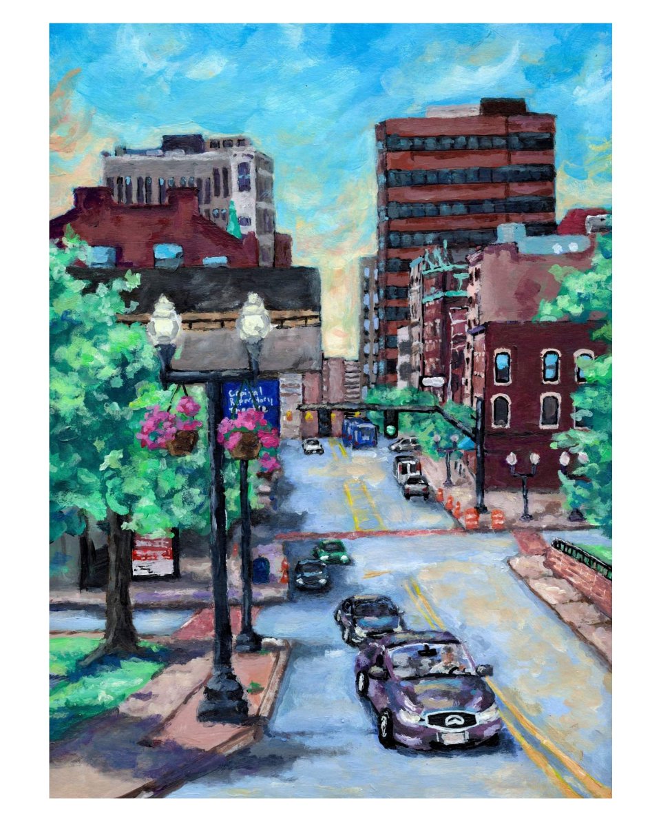 Painting looking up North Pearl Street in Albany, NY  #albanyny #downtownalbany #acrylicpainting  #colorful #pearlstreet #upstateny #capitalregion #capitalrepertorytheatre #illustration #citypainting