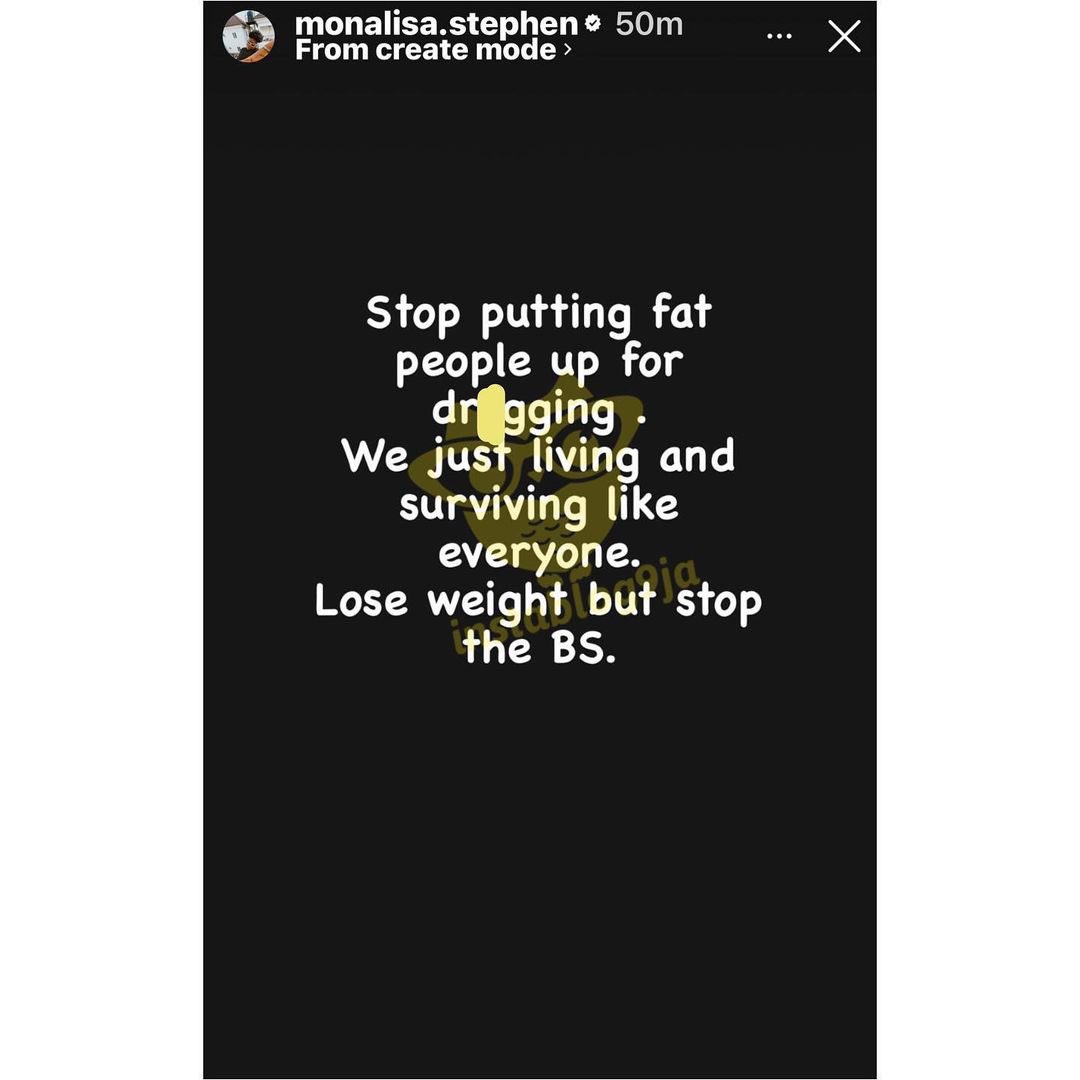 instablog9ja's tweet photo. “Stop putting f@t people up for dr@gging,” Actress Monalisa Stephen tells singer Teni https://t.co/mTnZaNaYPm