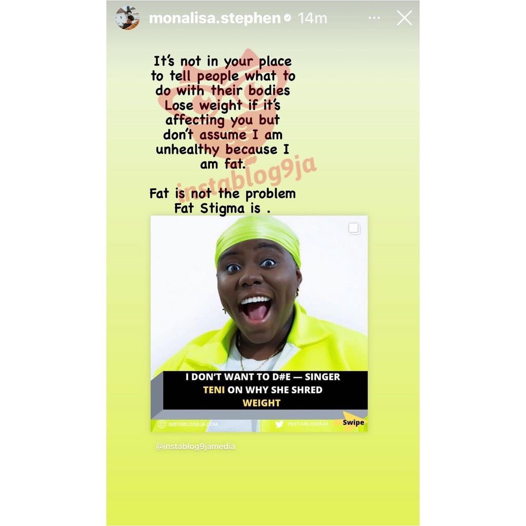 instablog9ja's tweet photo. “Stop putting f@t people up for dr@gging,” Actress Monalisa Stephen tells singer Teni https://t.co/mTnZaNaYPm