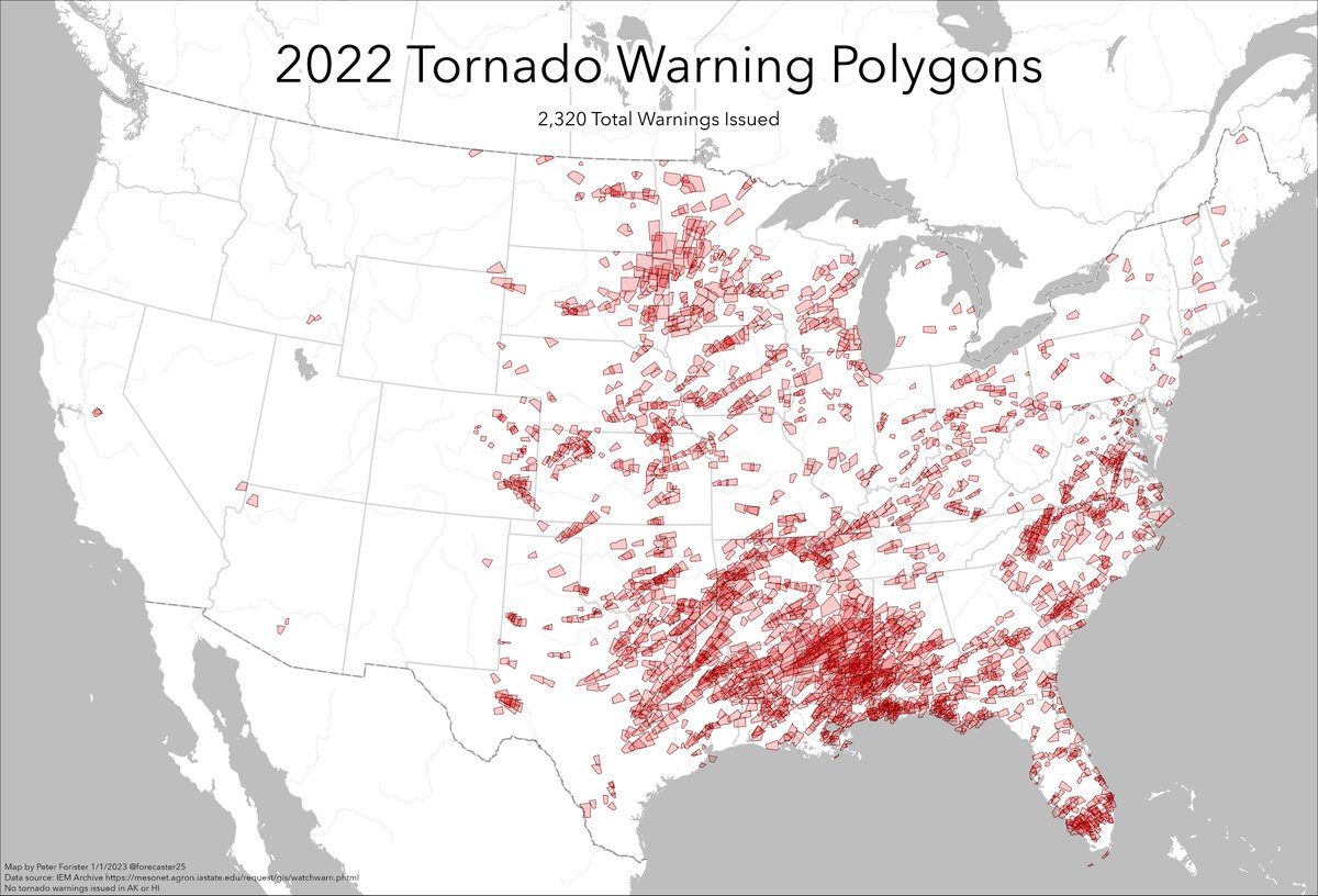 forecaster25's tweet image. All 2,320 tornado warnings issued in 2022