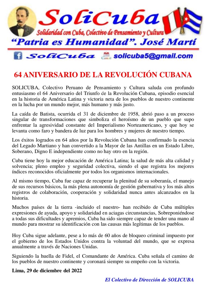PartidoPCC's tweet photo. Desde Lima, #Peru también celebran a la Revolución Cubana #Cuba #JuntarYVencer https://t.co/Qkt5eedvbM