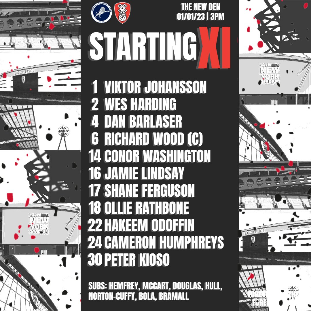 RotherhamUnited's tweet photo. TEAM v @MillwallFC | Johansson; Harding, Wood (C), Humphreys; Kioso, Barlaser, Lindsay, Odoffin, Rathbone, Ferguson; Washington. 

SUBS | Hemfrey, McCart, Douglas, Hull, Norton-Cuffy, Bola, Bramall. 

#rufc | #ForeverTogetherForeverProud https://t.co/fpLVldMOqf