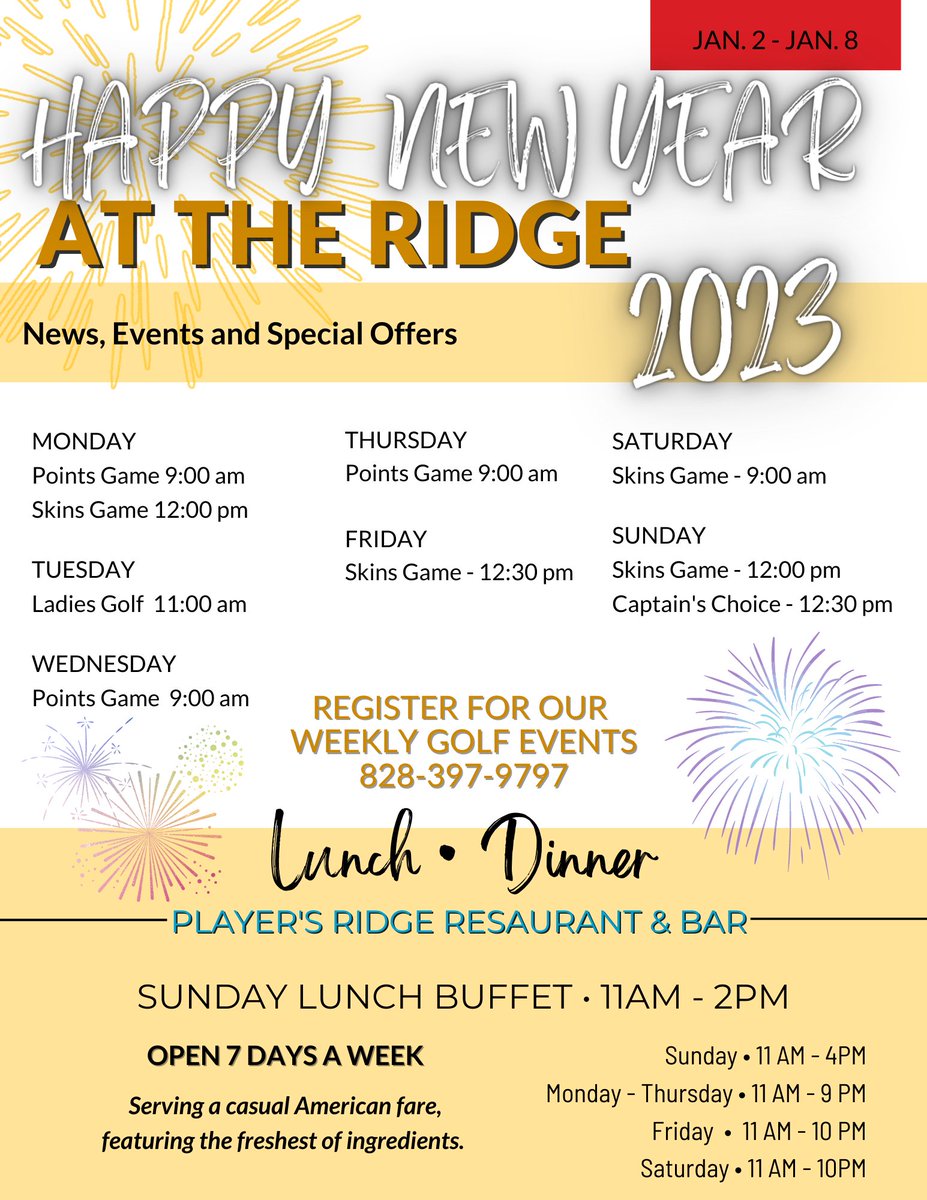 Happy New Year AT THE RIDGE! Join us for everything going on, from our points game on Monday to a great dinner on Friday evening! Check it all out right here in the weekly newsletter! ow.ly/194E50Mfr8w