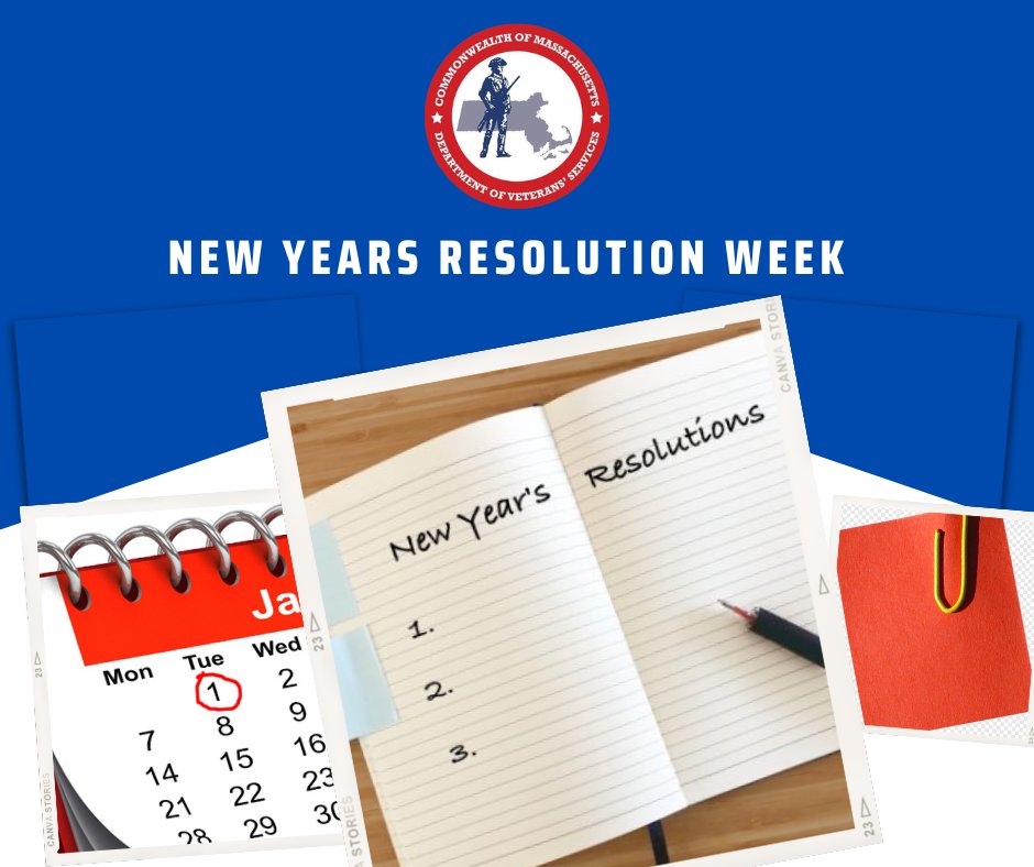 MassEOVS's tweet photo. Make your resolution for the New Year a success, #veterans! 📝 Whether that’s to eat healthier, get fit, or just focusing more on self-care, set specific goals & lean on your support system!
#NewYearsResolutionWeek https://t.co/RinzJ1CIVy