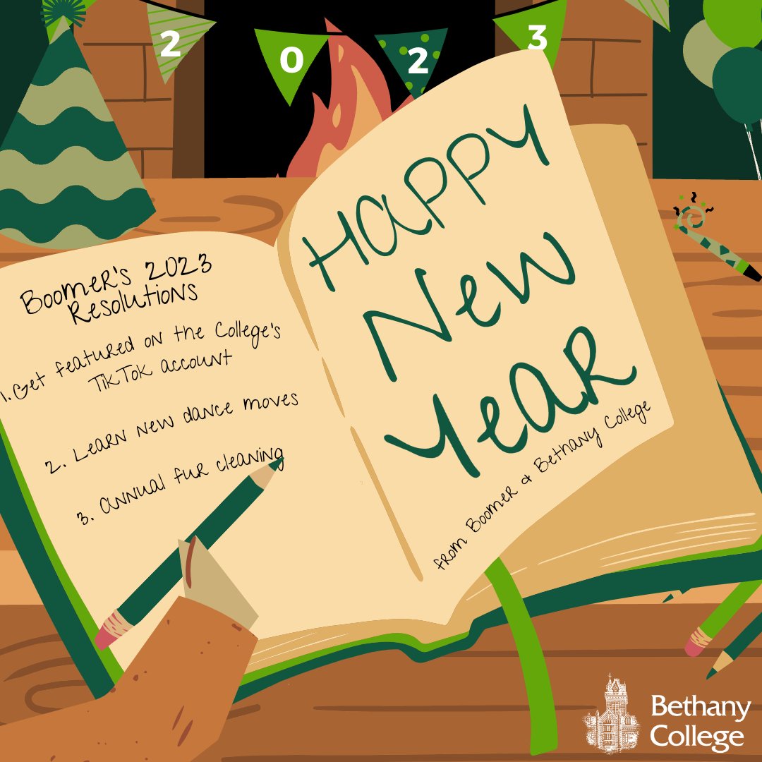Bethany_College's tweet photo. Boomer’s working on his resolutions for 2023- are you? We are excited to ring in the new year on our beloved campus. May the successes of 2022 follow into 2023, and may you and your families have a safe holiday and a happy New Year! #Welcome2023 #ONEBethany https://t.co/H4i10jsTdp