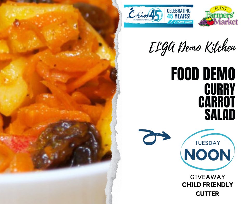 Join us for a free cooking demo with the Crim Fitness Foundation this Tuesday at noon! We'll be making Curry Carrot Salad.