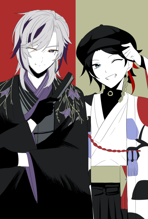 one eye closed multiple boys 2boys streaked hair japanese clothes male focus smile  illustration images