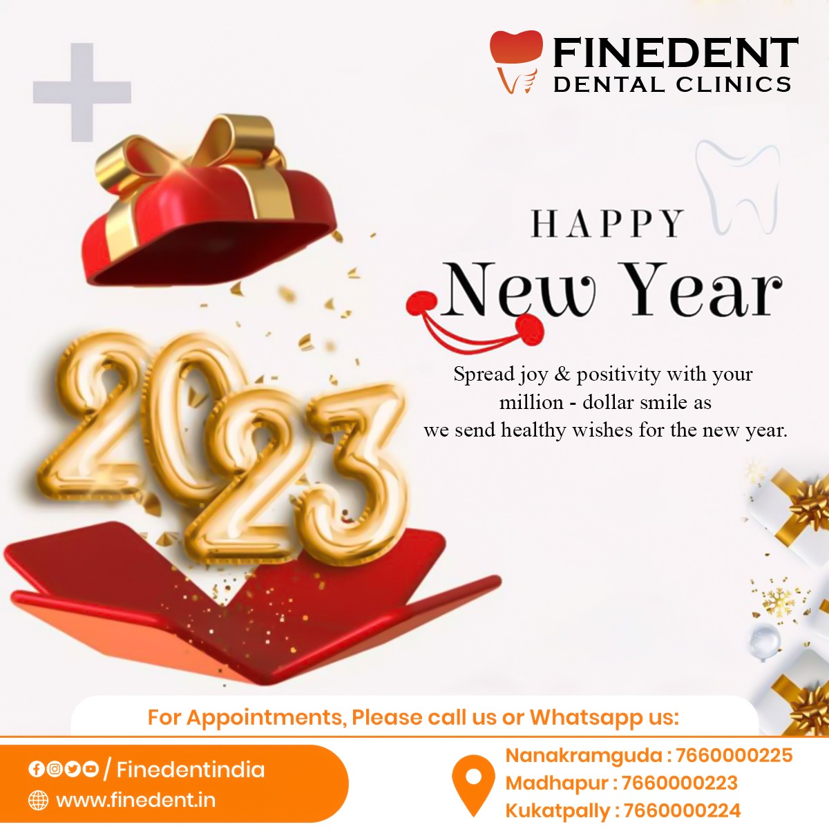 FinedentIndia's tweet photo. Spread joy and positivity with your million-dollar smile as we send healthy wishes for the new year.

Book An Appointment Today!

Nanakramguda - 7660000225
Madhapur - 7660000223
Kukatpally- 7660000224

Visit our website - https://t.co/97dzlm0EmN

#finedent #finedentdentalclinics https://t.co/G2Iji3j9AI