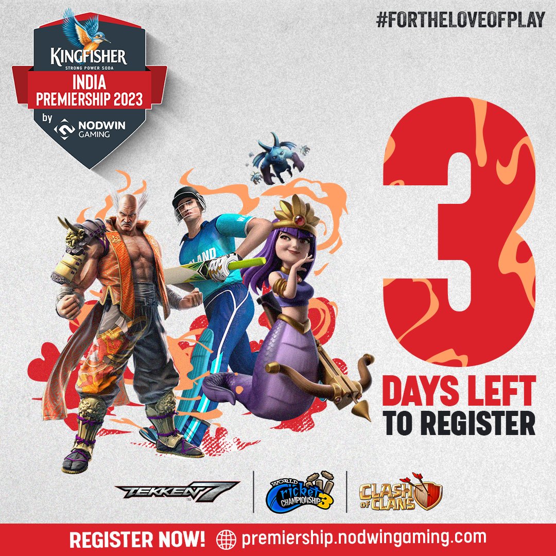 3 Days left to Register for Kingfisher India Premiership 👇🏼
🌐 premiership.nodwingaming.com 
For gamers 21 years of age or above❗

<a href="/kingfisherworld/">Kingfisher</a> <a href="/NodwinGaming/">NODWIN Gaming</a>

#ForTheLoveofPlay #BeTheBest #esports #clashofclansesports <a href="/ClashofClans_IN/">Clash of Clans India</a> <a href="/CoCEsports/">Clash of Clans Esports</a>