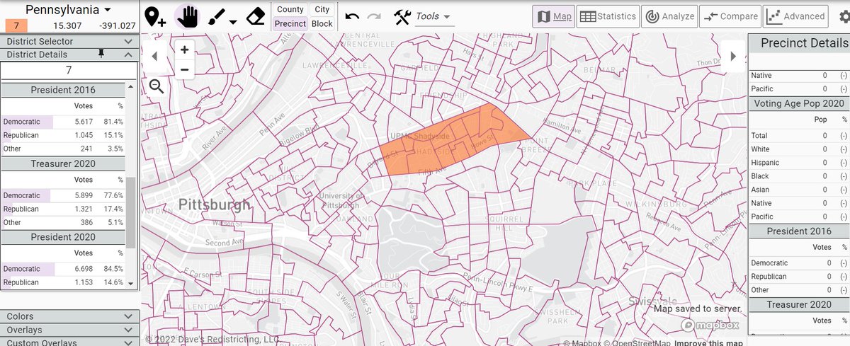 Pittsburgh ward 7 (the affluent Shadyside neighborhood):
1960: 54% Nixon 46% Kennedy
1968: 49% Humphrey 45% Nixon 6% Wallace
1984: 57% Mondale 42% Reagan
2016: 81% Biden 15% Trump
2020: 85% Biden 15% Trump
Probably hasn't voted Republican for President since 1960