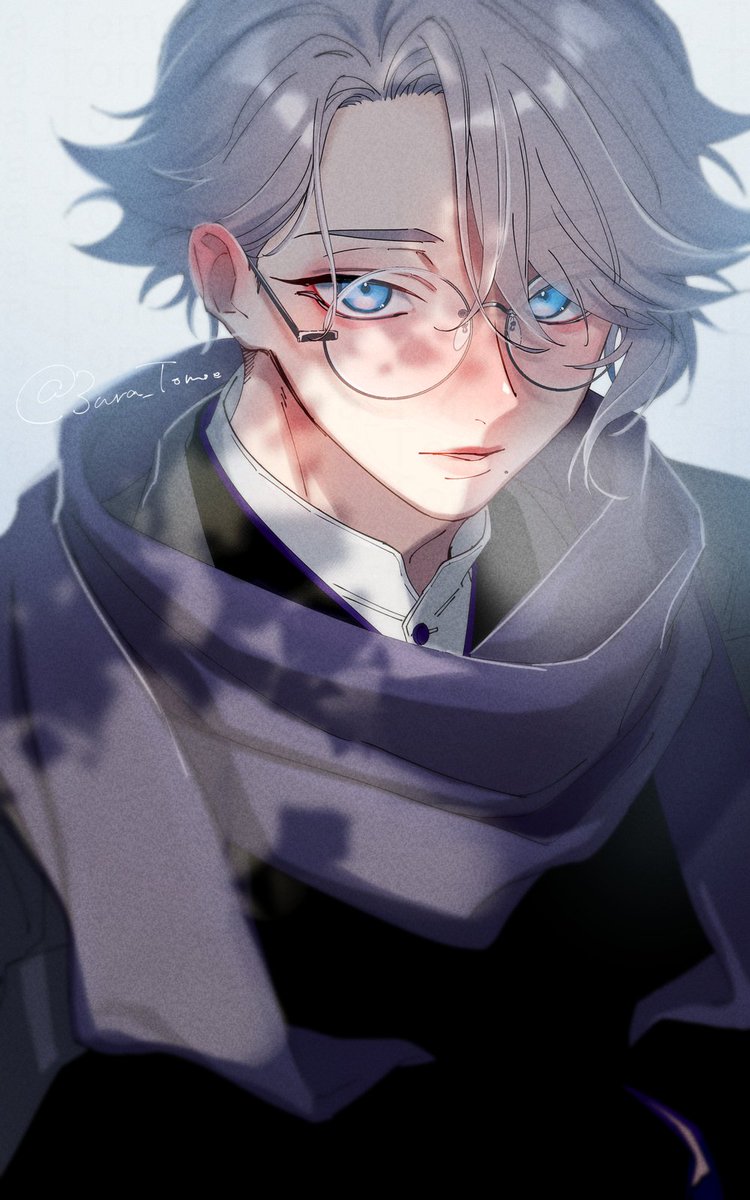 1boy male focus blue eyes glasses solo scarf looking at viewer  illustration images