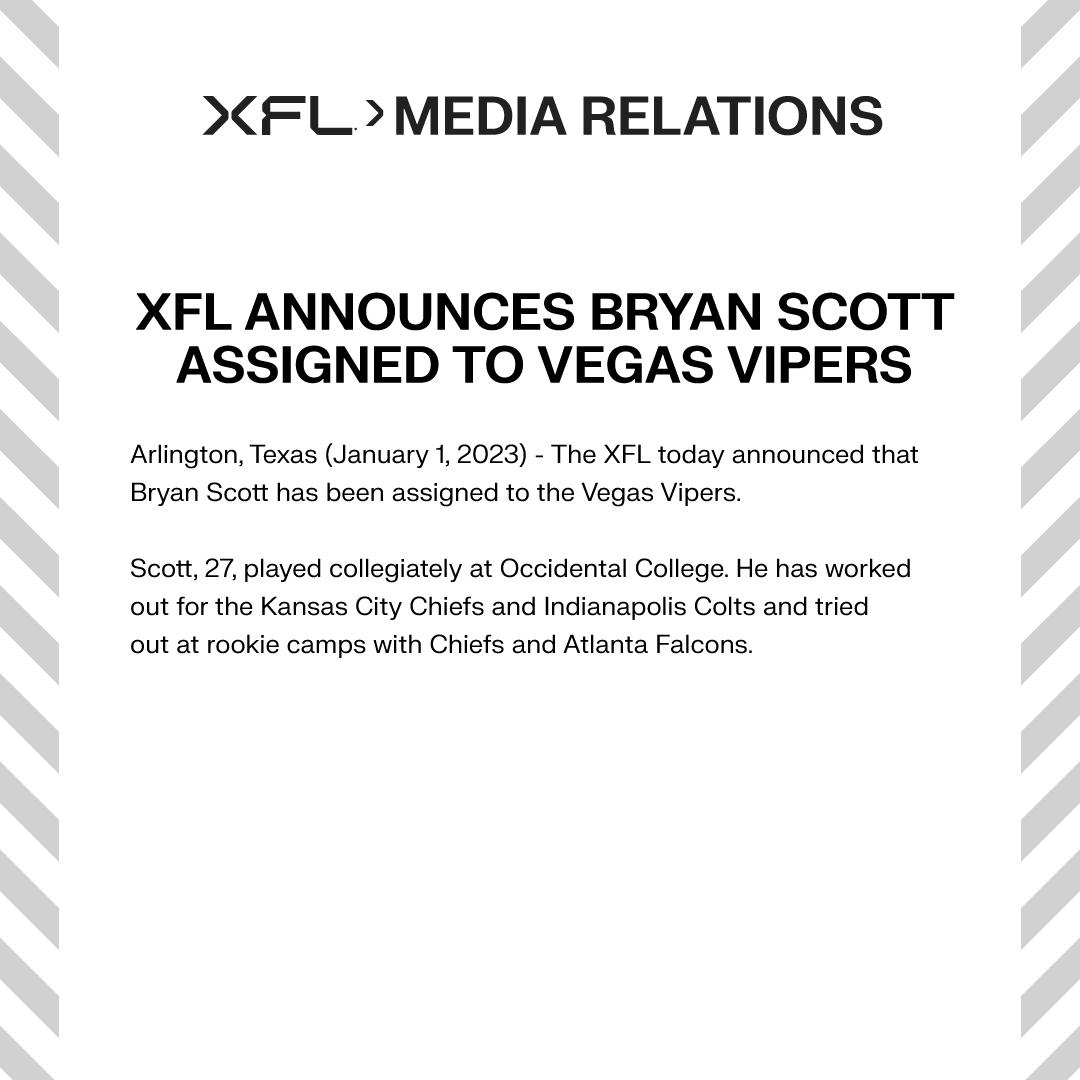 UFL_PR's tweet photo. The XFL today announced that Bryan Scott has been assigned to the Vegas Vipers. https://t.co/wkFXH0567f