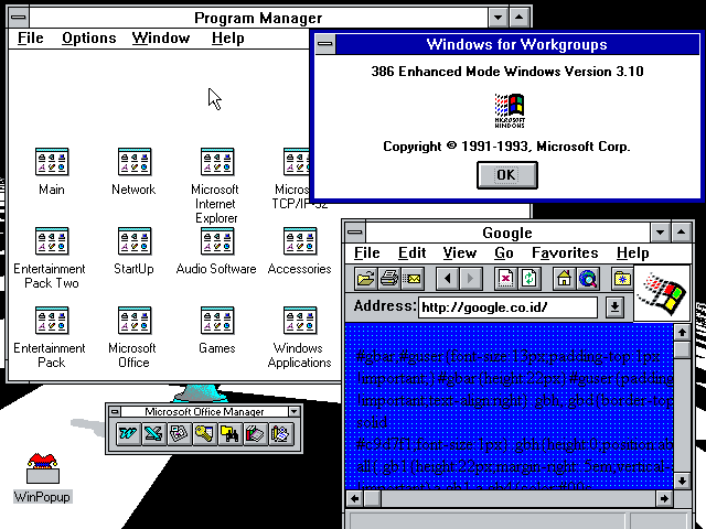 GomgomImmanuel's tweet photo. MS-DOS 6.22 + Microsoft Windows 3.10 for Workgroups + Sound(Audio)-VGA drivers + Microsoft Office 4.3a + Internet Explorer (Network &amp; TCP/IP-32) + Win32s = success! https://t.co/e2KzpEYcAs