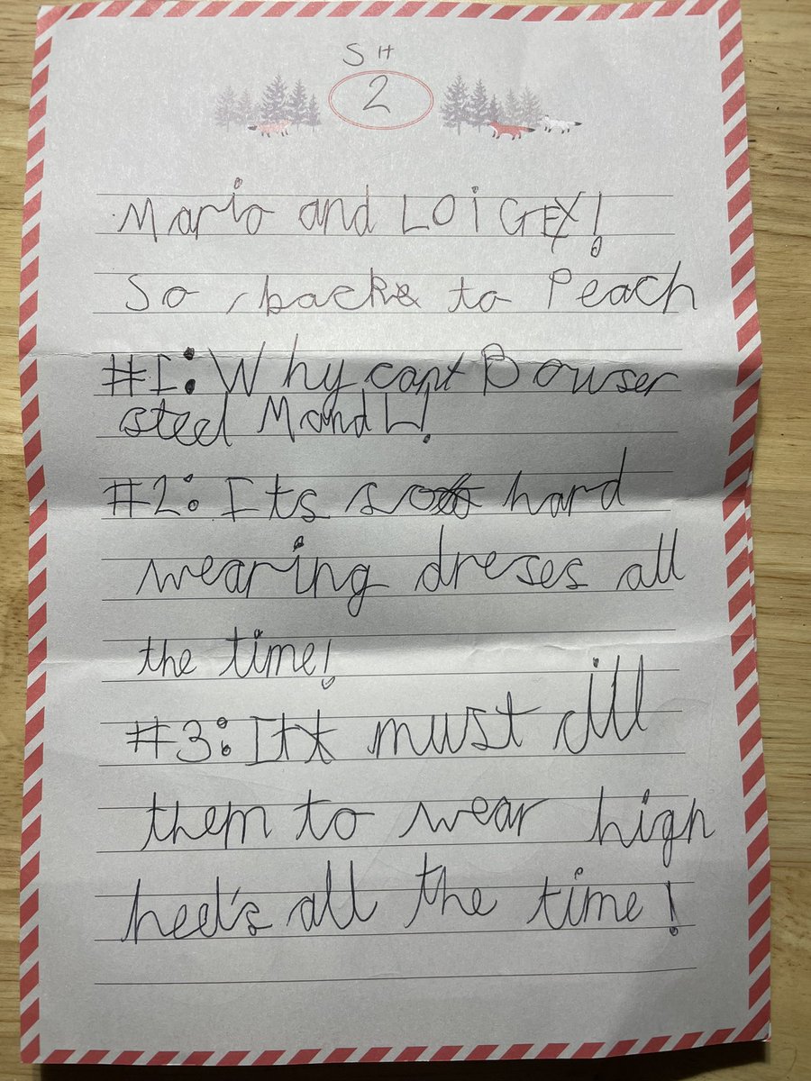 TriBeerBruce's tweet photo. Hey @NintendoUK my 8 year old daughter has some feedback. 
She wrote this without our input, loves Nintendo/ Mario but clearly feels strongly about her opinion on your characters and story lines. I’ll copy text below to help you read! https://t.co/RX6Vxl6hbE