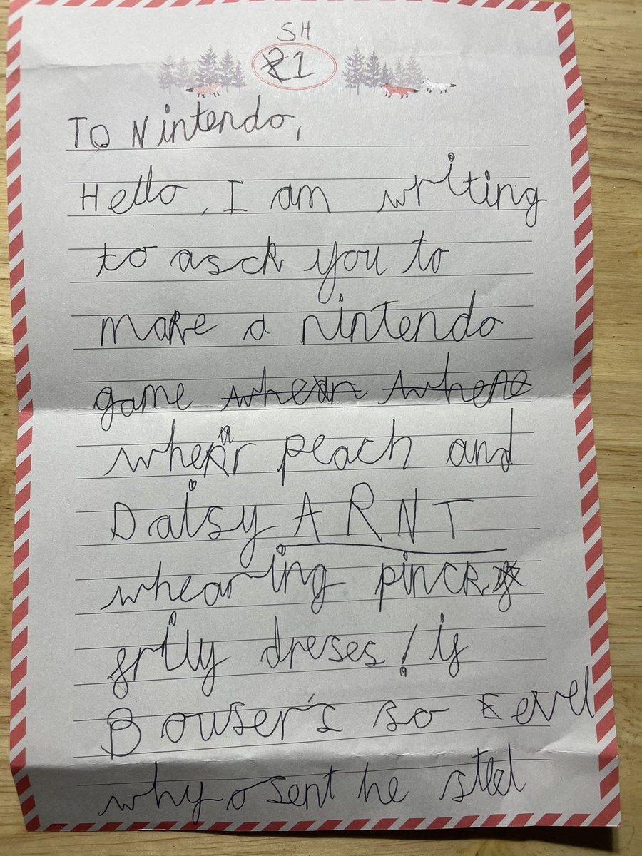 TriBeerBruce's tweet photo. Hey @NintendoUK my 8 year old daughter has some feedback. 
She wrote this without our input, loves Nintendo/ Mario but clearly feels strongly about her opinion on your characters and story lines. I’ll copy text below to help you read! https://t.co/RX6Vxl6hbE