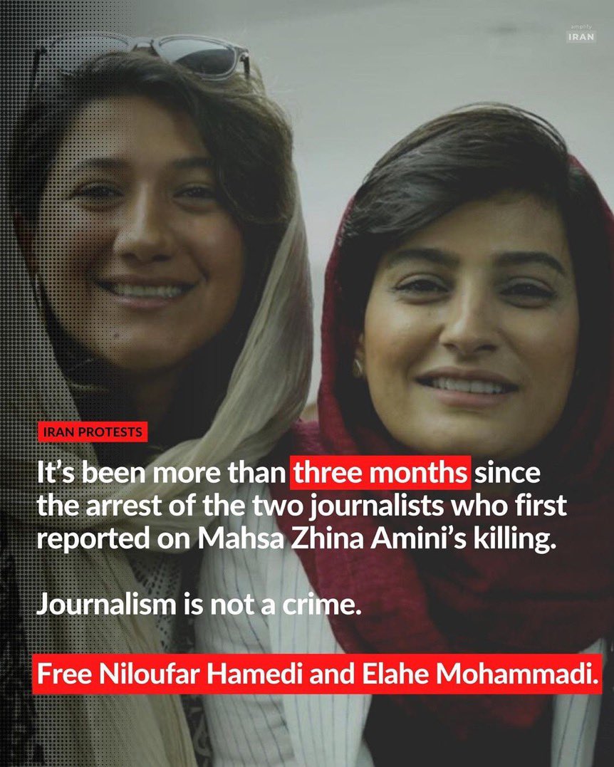 ksadjadpour's tweet photo. Niloufar Hamedi and Elahe Mohammadi are two Iranian national heroes who’ve now spent more than 100 days in prison for having courageously broken the story of the killing of Mahsa Amini. They’re among 62 journalists—24 of them female—imprisoned in Iran, the world’s worst offender. https://t.co/L13W4OJ22H