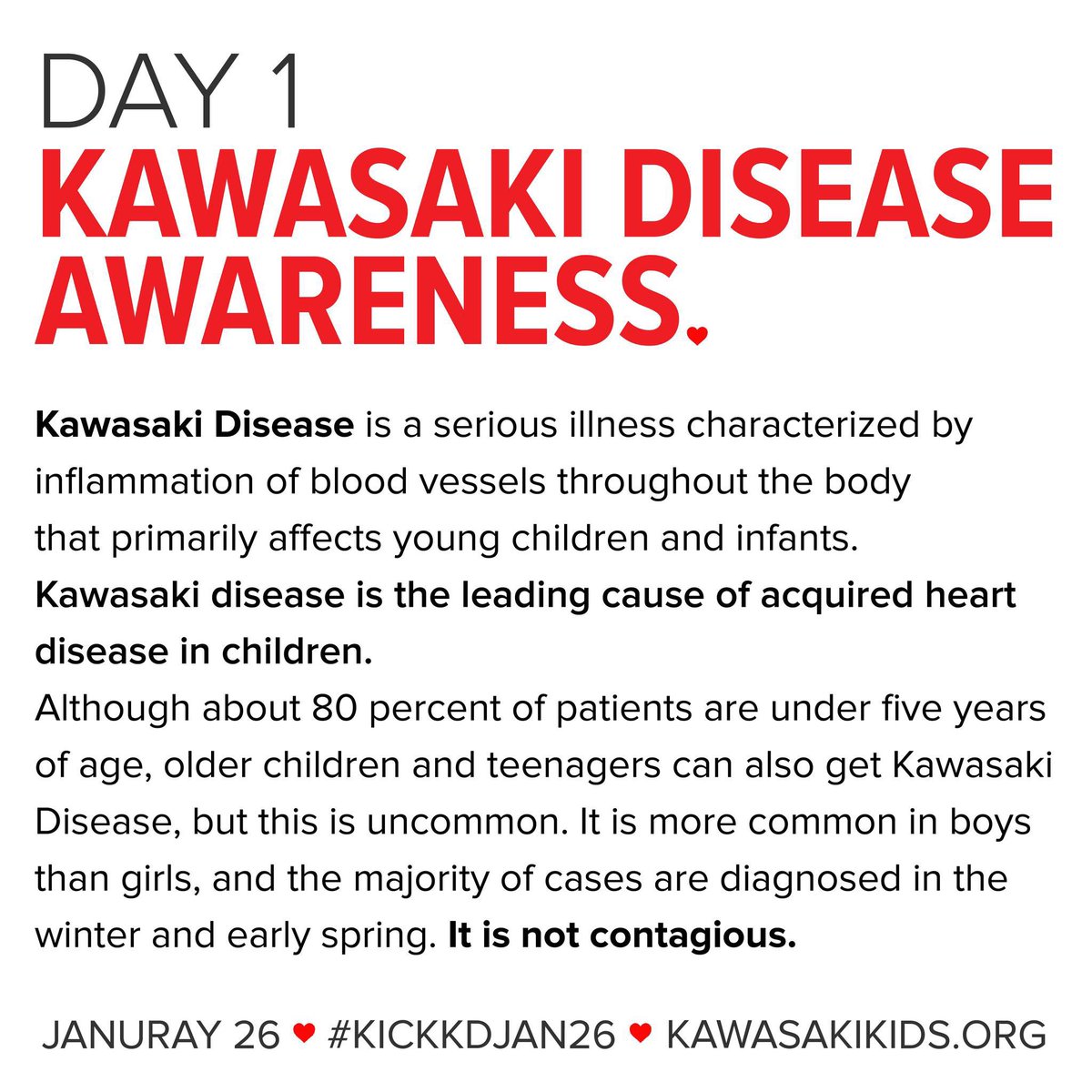 🚨 Day 1 of Kawasaki Disease Awareness Month 🚨

We will flood our social media for the next 26 days with awareness about Kawasaki Disease, the kids we support and our foundation. Let's all grow awareness for Kawasaki Disease
LIKE, COMMENT &amp; SHARE

#kawasakidisease #kawasakikids