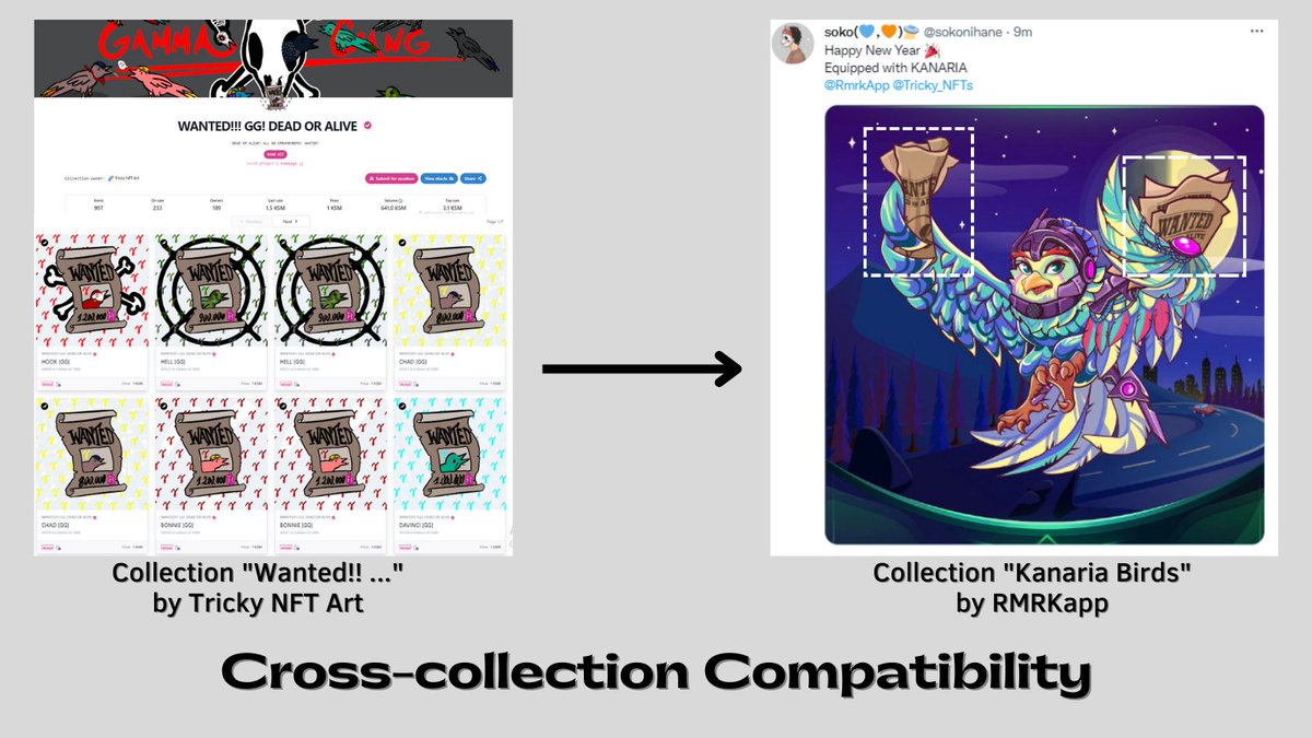Another great showcase of "Cross-collection composability" using the <a href="/RmrkApp/">RMRK.app Official</a> NFT standard by <a href="/Tricky_NFTs/">Tricky NFT Art - RMRK MODULAR NFT Art & Consulting</a> 

Released a whole new collection "WANTED!!! GG! DEAD OR ALIVE" which can be nested and equipped onto the KanariaBirds NFTs.

Isn't it great <a href="/VitalikButerin/">vitalik.eth</a> ?