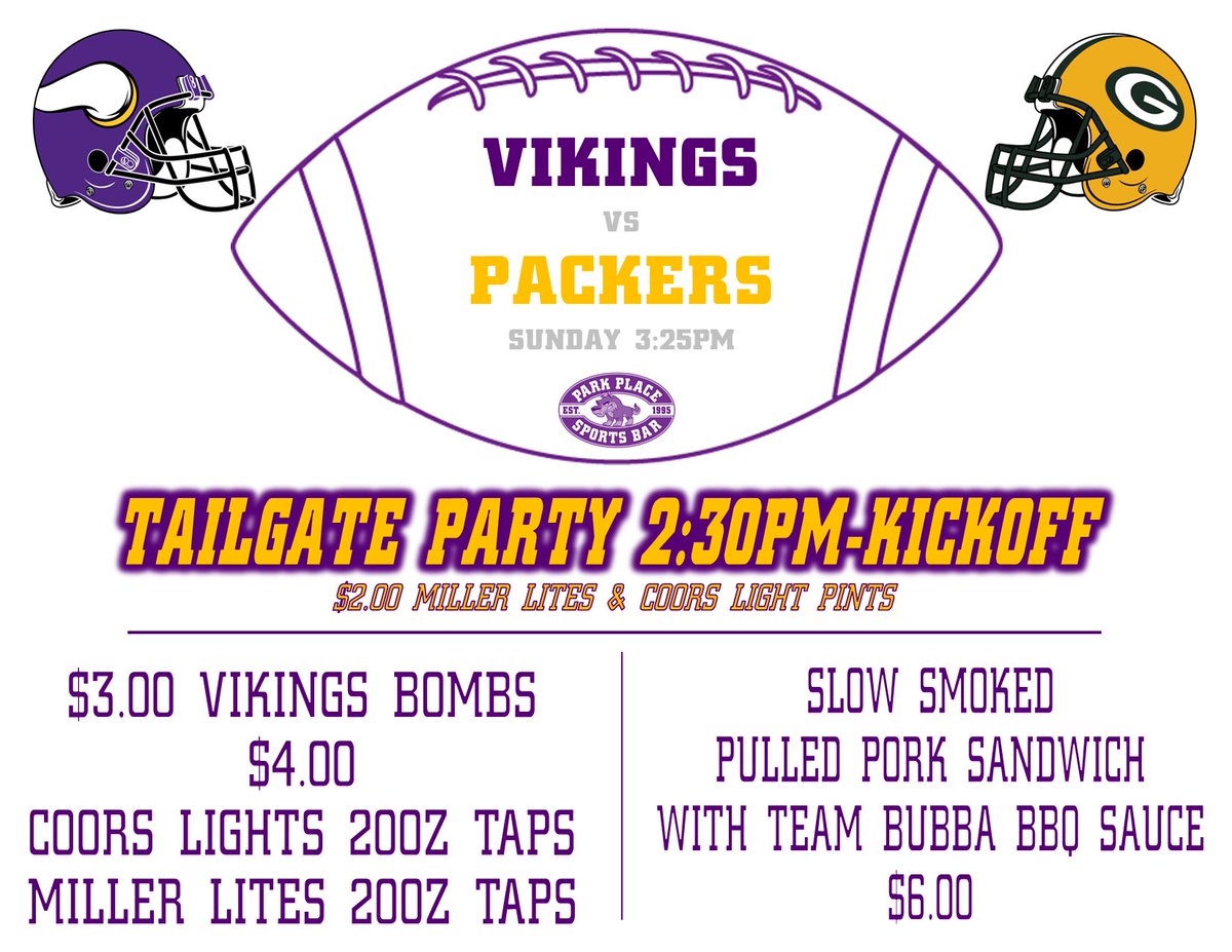 We open at 11am! Vikings vs Packers 3:25pm! Tailgate Party with $2 beers 2:30-kickoff! #parkplacesportsbar #vikingsfootball #tailgateparty