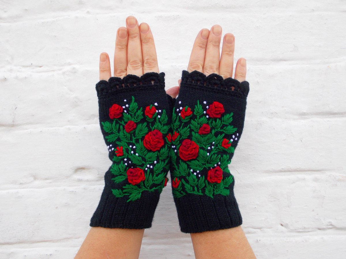 Excited to share the latest addition to my #etsy shop: Embroidered Gloves With Roses, etsy.me/3jIEDWC #black #valentinesday   #glovesflowers  #gloveswomens #wristwarmers