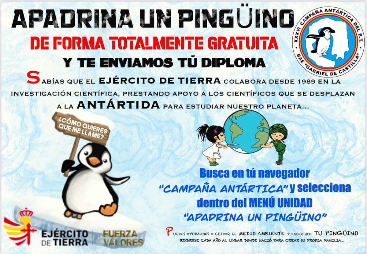 Defensagob's tweet photo. ¡¡¡Apadrina un Pingüino!!!
Ponle nombre a tu 🐧 y ayúdanos a cuidar el #MedioAmbiente para que puedan regresar cada año a la Antártida🇦🇶y vivir allí con sus polluelos.
@EjercitoTierra
@Antartica_ET 🇪🇸 🇦🇶 #CampañaAntártica
⬇️
https://t.co/gQA99KmumG https://t.co/BvPP6mHX7v