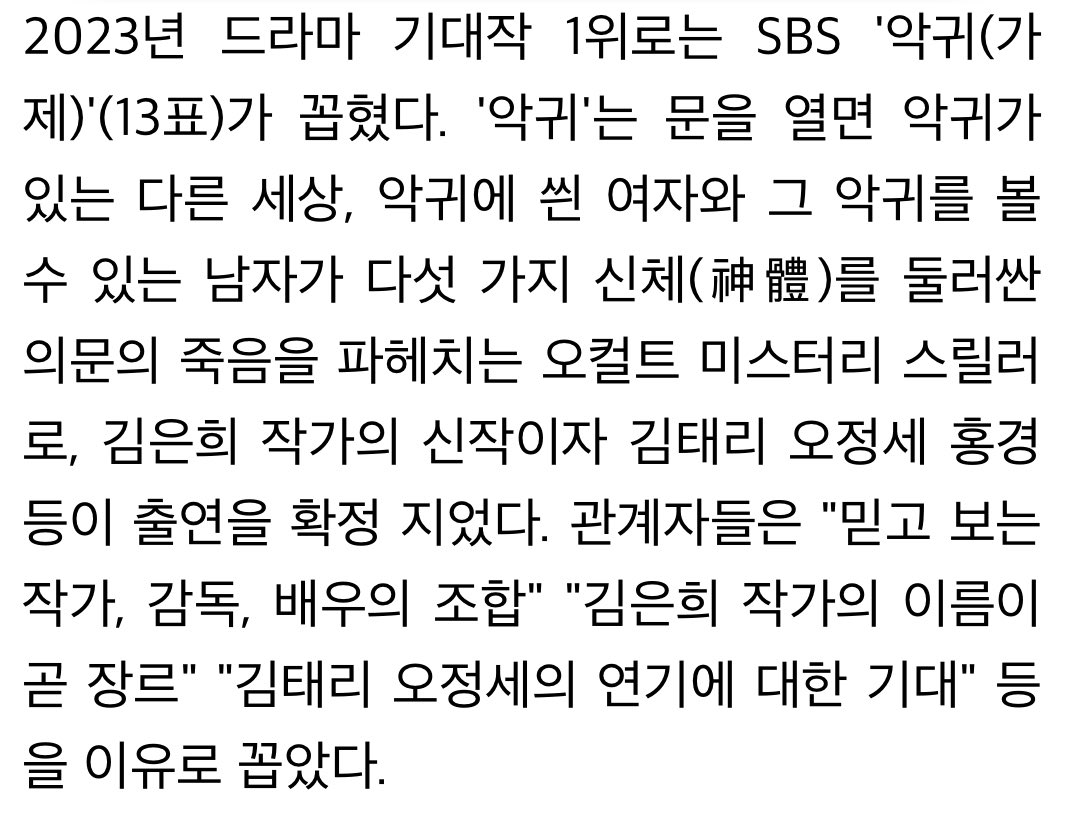 연예계 종사자 106명이 꼽은 2023년 기대작 1위에 김태리 주연작 드라마 <악귀>가 꼽혔다